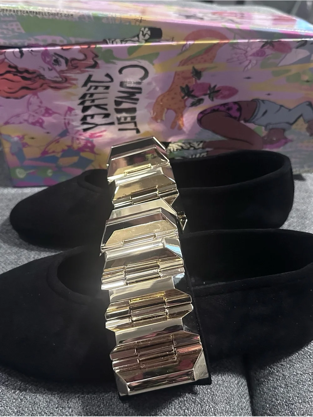Jeffrey Campbell Rigid Ballet Flat – Black Suede/Gold – New With Box